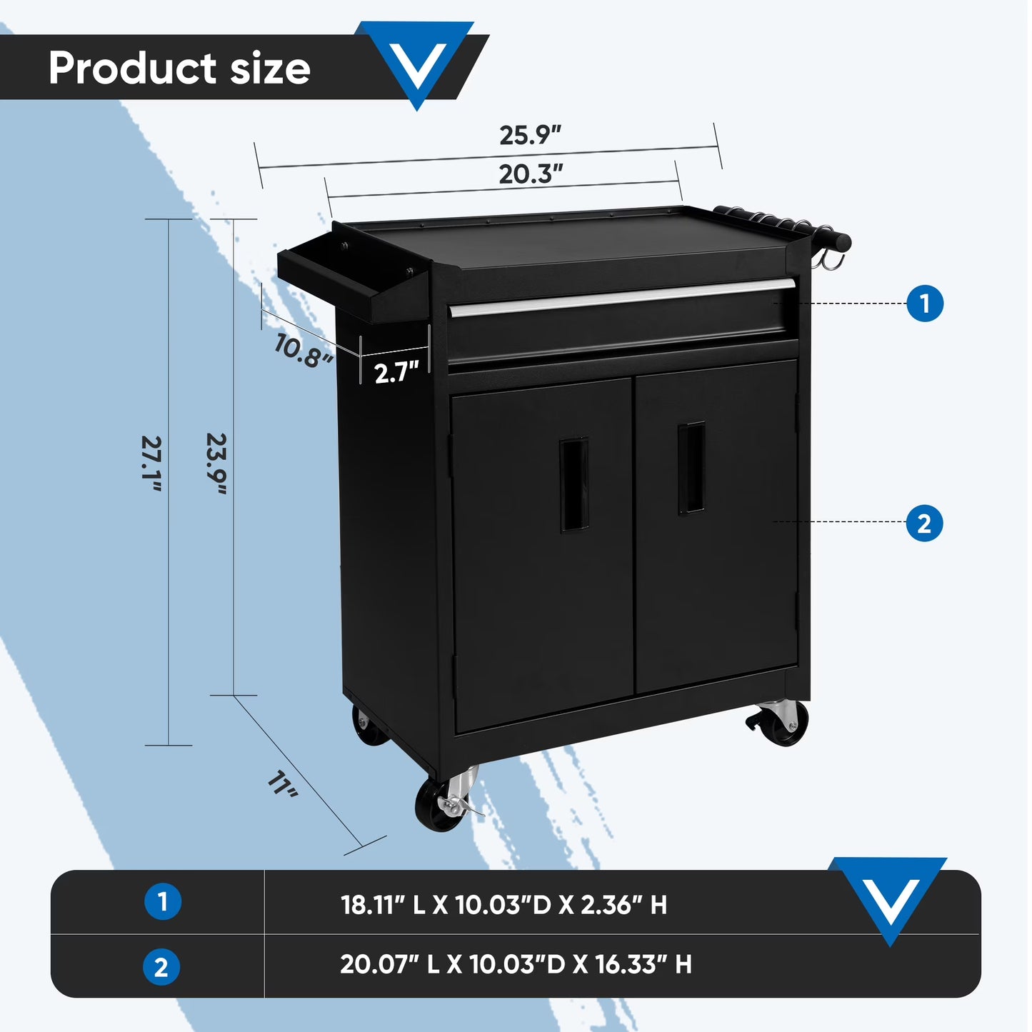 26-Inch Tool Chest & Storage Cabinet, 5 Drawers Rolling Tool Chest with Detachable Top Tool Box for Garage Warehouse Workshop, Rolling Garage Organizer with Handle and 6 Hooks