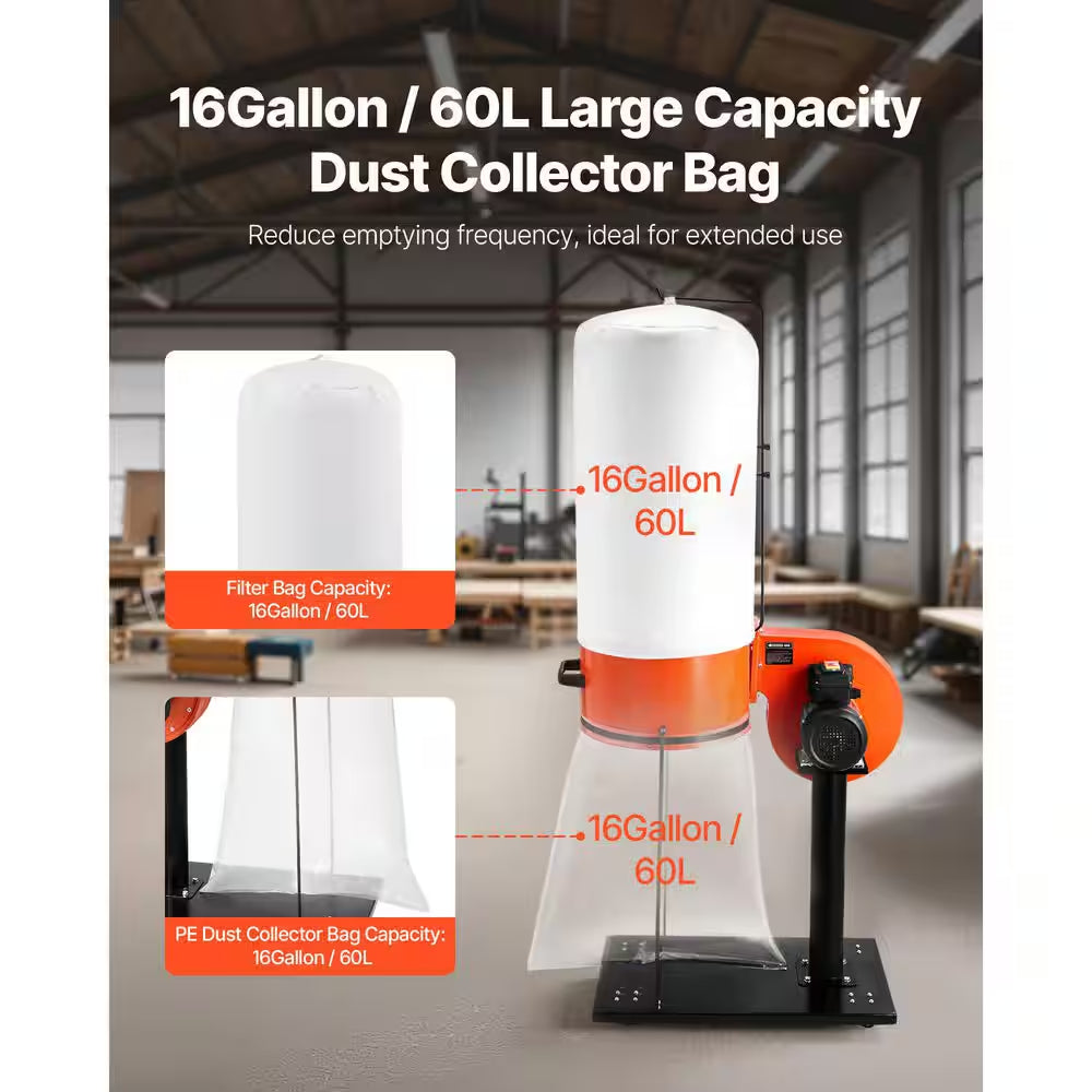 800 CFM Dust Collector, 2.5 Micron Vortex Cone Dust Collectors, 1 HP Sawdust Collection System, 3400 RPM High Speed