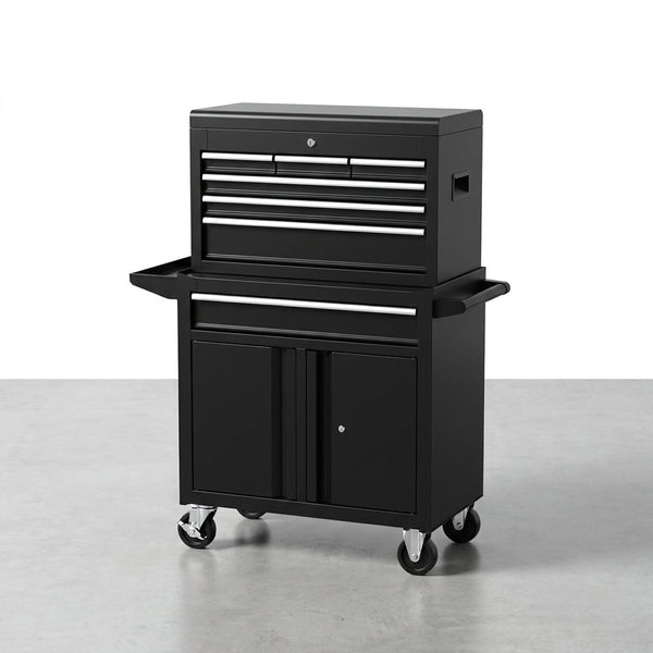 26-Inch Tool Chest & Storage Cabinet, 5 Drawers Rolling Tool Chest with Detachable Top Tool Box for Garage Warehouse Workshop, Rolling Garage Organizer with Handle and 6 Hooks — Studio Shot