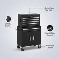 26-Inch Tool Chest & Storage Cabinet, 5 Drawers Rolling Tool Chest with Detachable Top Tool Box for Garage Warehouse Workshop, Rolling Garage Organizer with Handle and 6 Hooks — infographic