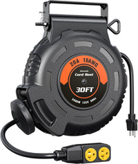 20Amp Retractable Extension Cord Reel, 30FT 2500W Heavy Duty Power Cord Reel, 10AWG/3C SJTW Industrial Cable, 4 Grounded Outlets, 180° Swivel Bracket for Garage Workshop Construction Site