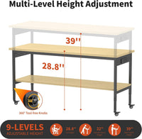 60" Adjustable Height Workbench,9-Level Heavy Duty Work Table with Storage Shelf Pegboard LED Light & Built-In Power Strip, 2010 Lbs Load Capacity Rolling Tool Bench for Garage Workshop