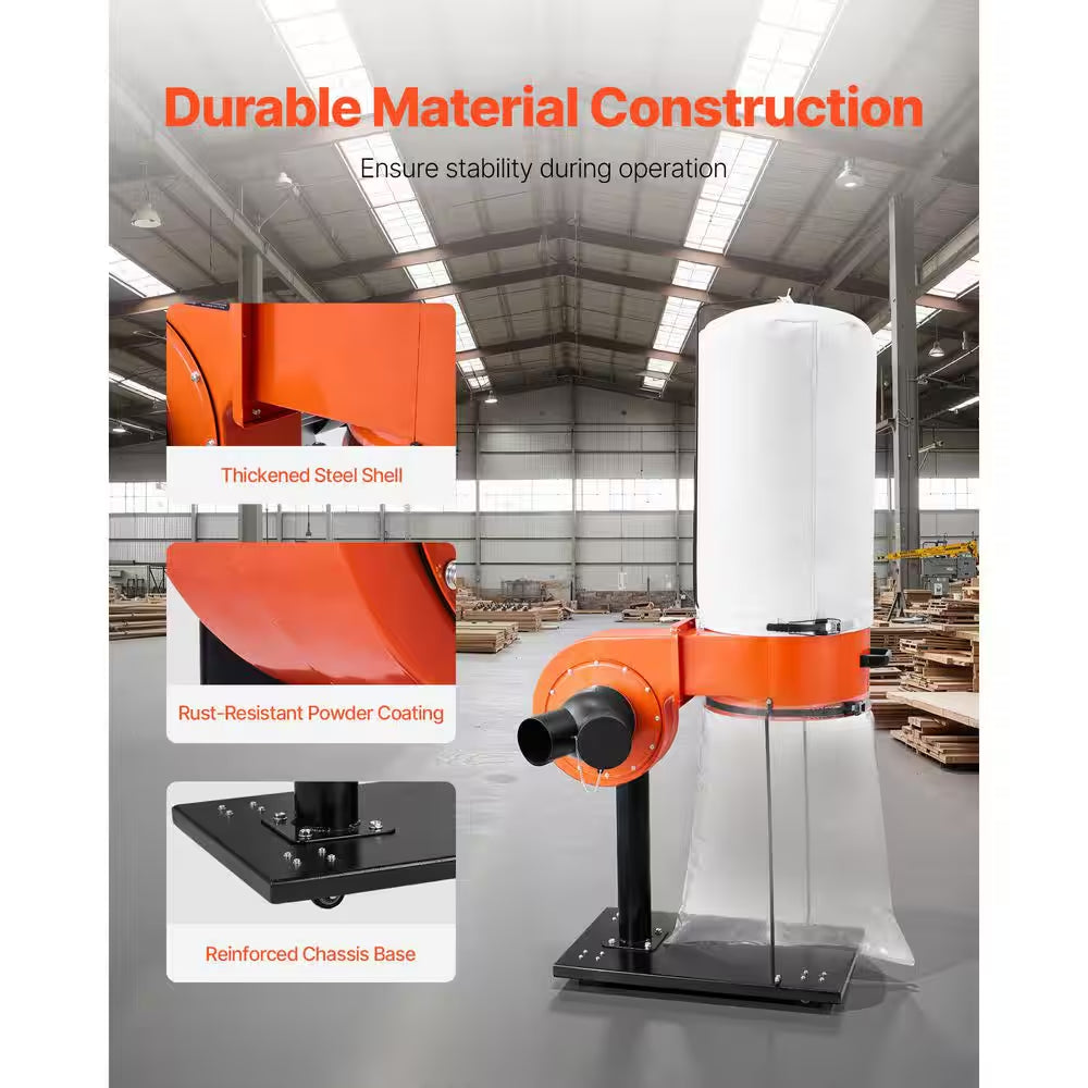 800 CFM Dust Collector, 2.5 Micron Vortex Cone Dust Collectors, 1 HP Sawdust Collection System, 3400 RPM High Speed