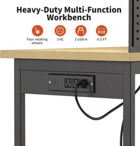 60" Adjustable Height Workbench,9-Level Heavy Duty Work Table with Storage Shelf Pegboard LED Light & Built-In Power Strip, 2010 Lbs Load Capacity Rolling Tool Bench for Garage Workshop