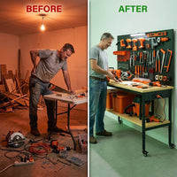 60-Inch Heavy Duty Adjustable Height Workbench with Storage and Power Outlets — Before & After