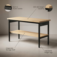 60-Inch Heavy Duty Adjustable Height Workbench with Storage and Power Outlets — infographic