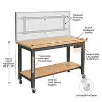 60-Inch Heavy Duty Adjustable Height Workbench with Storage and Power Outlets — How It Works