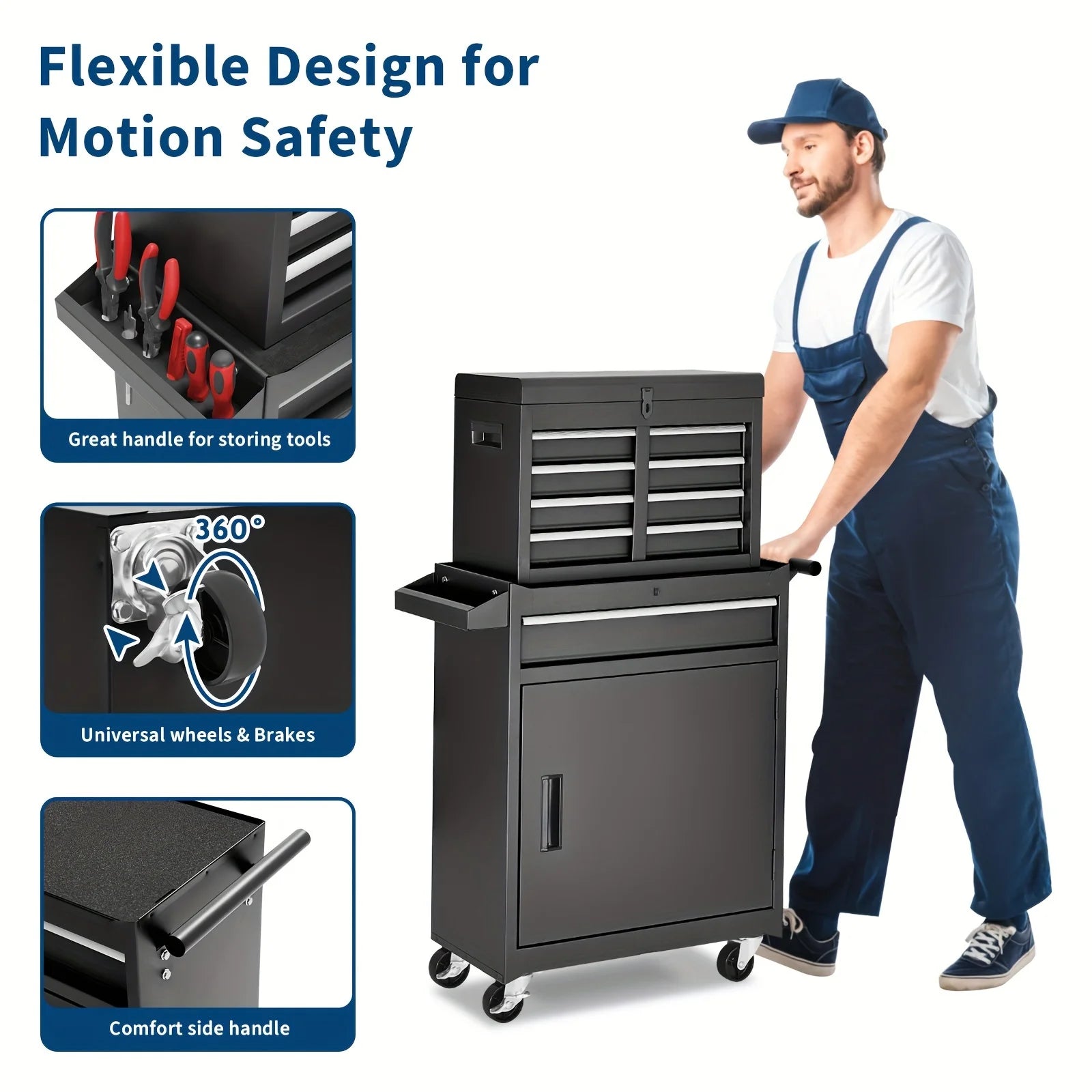 Viwat 5-Drawer Tool Chest, Rolling Tool Storage Cabinet W/ Detachable Top Tool Box, Metal Tool Cart for Garage Black