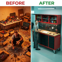 72-Inch Rolling Tool Chest Workbench with 15 Drawers, Cabinets, and Power Strip — Before & After