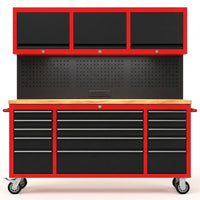 72-Inch Rolling Tool Chest Workbench with 15 Drawers, Cabinets, and Power Strip — Studio Shot
