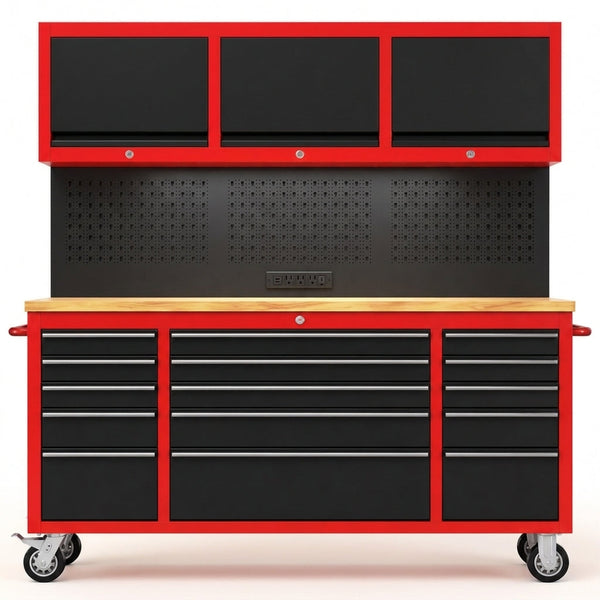 Rolling Tool Chest Workbench Built for Heavy-Duty Use, 72-Inch Width, 15 Drawers, Integrated Power Strip