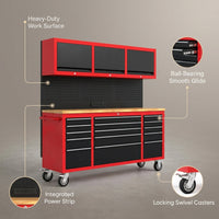 72-Inch Rolling Tool Chest Workbench with 15 Drawers, Cabinets, and Power Strip — infographic