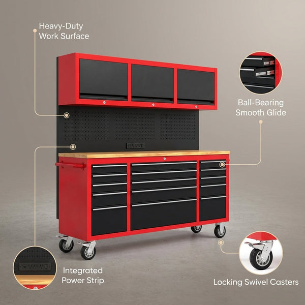 72-Inch Rolling Tool Chest Workbench with 15 Drawers, Cabinets, and Power Strip — infographic