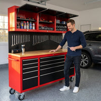 72-Inch Rolling Tool Chest Workbench with 15 Drawers, Cabinets, and Power Strip — Lifestyle
