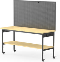 60" Adjustable Height Workbench,9-Level Heavy Duty Work Table with Storage Shelf Pegboard LED Light & Built-In Power Strip, 2010 Lbs Load Capacity Rolling Tool Bench for Garage Workshop