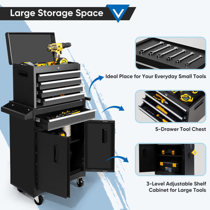 26-Inch Tool Chest & Storage Cabinet, 5 Drawers Rolling Tool Chest with Detachable Top Tool Box for Garage Warehouse Workshop, Rolling Garage Organizer with Handle and 6 Hooks
