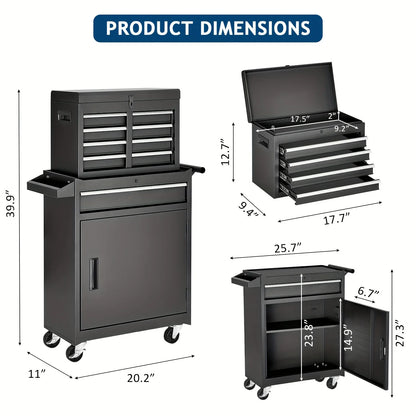 Viwat 5-Drawer Tool Chest, Rolling Tool Storage Cabinet W/ Detachable Top Tool Box, Metal Tool Cart for Garage Black