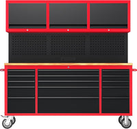 AIRAJ 72-Inch Rolling Tool Chest,Garage Workbench with 15 Storage Drawers,Heavy-Duty Tool Cabinet on Wheels with Solid Rubber Wood Top,3 Upper Cabinet,Pegboard & Power Strip for Tool Organization