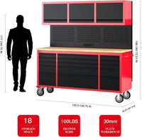AIRAJ 72-Inch Rolling Tool Chest,Garage Workbench with 15 Storage Drawers,Heavy-Duty Tool Cabinet on Wheels with Solid Rubber Wood Top,3 Upper Cabinet,Pegboard & Power Strip for Tool Organization