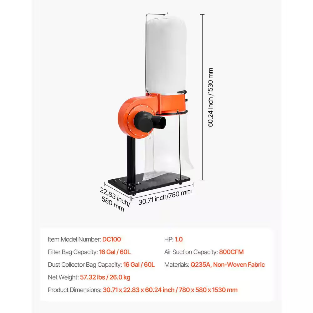 800 CFM Dust Collector, 2.5 Micron Vortex Cone Dust Collectors, 1 HP Sawdust Collection System, 3400 RPM High Speed