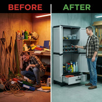 Lockable Storage Cabinet with 3 Adjustable Shelves and Drawer — Before & After