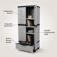Lockable Storage Cabinet with 3 Adjustable Shelves and Drawer — infographic