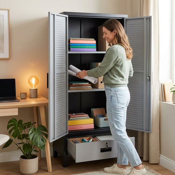 Lockable Storage Cabinet Built to Organize, 3 Adjustable Shelves, Bottom Drawer, Polypropylene