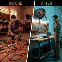 Retractable Extension Cord Reel with 10AWG SJTW Cable and 20A Circuit Breaker — Before & After
