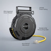 Retractable Extension Cord Reel with 10AWG SJTW Cable and 20A Circuit Breaker — infographic