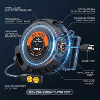 Retractable Extension Cord Reel with 10AWG SJTW Cable and 20A Circuit Breaker — How It Works