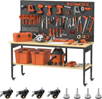 60" Adjustable Height Workbench,9-Level Heavy Duty Work Table with Storage Shelf Pegboard LED Light & Built-In Power Strip, 2010 Lbs Load Capacity Rolling Tool Bench for Garage Workshop