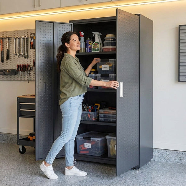 Tall Garage Storage Cabinet Built for Heavy-Duty Organization, Diamond-Textured Steel, Adjustable Shelves
