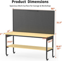 60" Adjustable Height Workbench,9-Level Heavy Duty Work Table with Storage Shelf Pegboard LED Light & Built-In Power Strip, 2010 Lbs Load Capacity Rolling Tool Bench for Garage Workshop