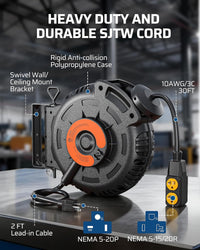 20Amp Retractable Extension Cord Reel, 30FT 2500W Heavy Duty Power Cord Reel, 10AWG/3C SJTW Industrial Cable, 4 Grounded Outlets, 180° Swivel Bracket for Garage Workshop Construction Site