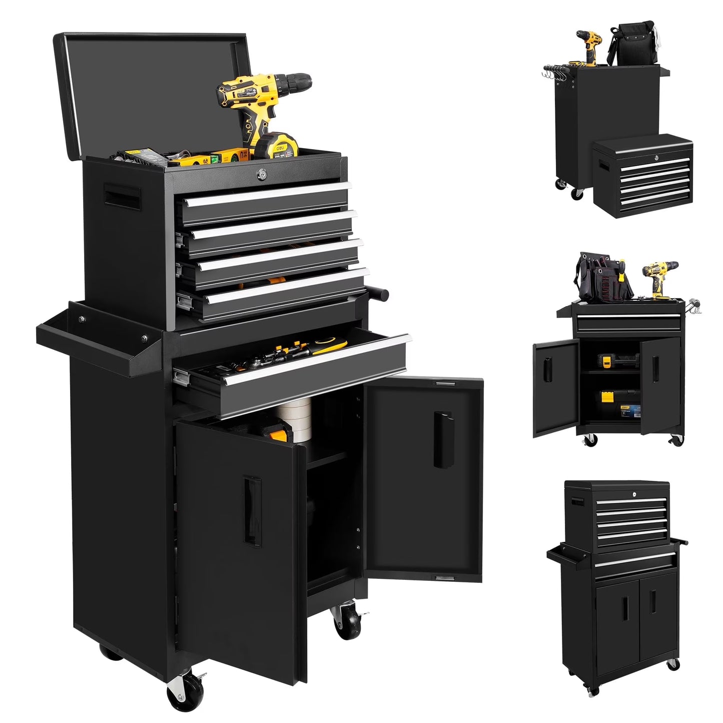26-Inch Tool Chest & Storage Cabinet, 5 Drawers Rolling Tool Chest with Detachable Top Tool Box for Garage Warehouse Workshop, Rolling Garage Organizer with Handle and 6 Hooks