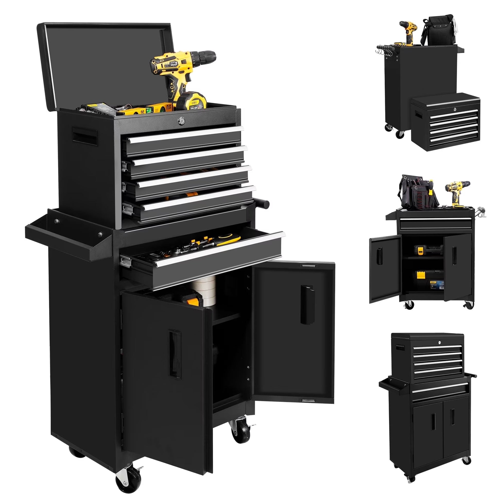 26-Inch Tool Chest & Storage Cabinet, 5 Drawers Rolling Tool Chest with Detachable Top Tool Box for Garage Warehouse Workshop, Rolling Garage Organizer with Handle and 6 Hooks
