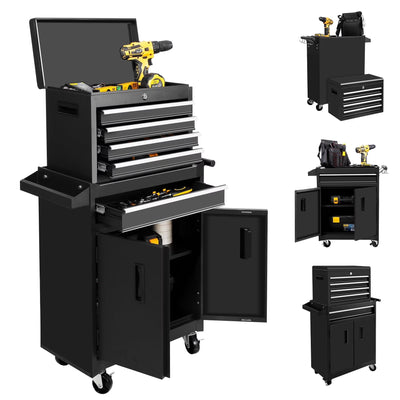 26-Inch Tool Chest & Storage Cabinet, 5 Drawers Rolling Tool Chest with Detachable Top Tool Box for Garage Warehouse Workshop, Rolling Garage Organizer with Handle and 6 Hooks