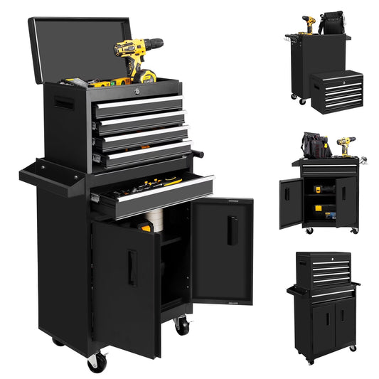 26-Inch Tool Chest & Storage Cabinet, 5 Drawers Rolling Tool Chest with Detachable Top Tool Box for Garage Warehouse Workshop, Rolling Garage Organizer with Handle and 6 Hooks