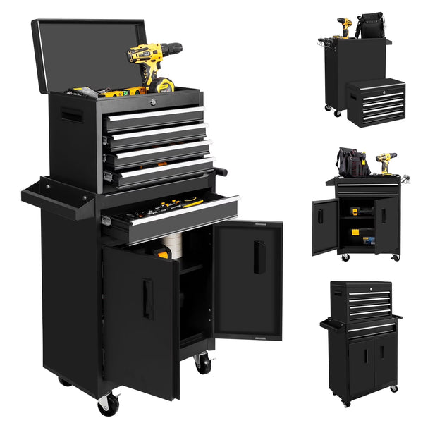 26-Inch Tool Chest & Storage Cabinet, 5 Drawers Rolling Tool Chest with Detachable Top Tool Box for Garage Warehouse Workshop, Rolling Garage Organizer with Handle and 6 Hooks