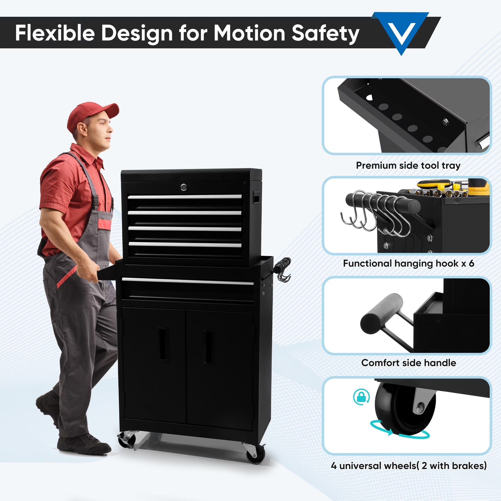 26-Inch Tool Chest & Storage Cabinet, 5 Drawers Rolling Tool Chest with Detachable Top Tool Box for Garage Warehouse Workshop, Rolling Garage Organizer with Handle and 6 Hooks