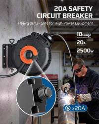 20Amp Retractable Extension Cord Reel, 30FT 2500W Heavy Duty Power Cord Reel, 10AWG/3C SJTW Industrial Cable, 4 Grounded Outlets, 180° Swivel Bracket for Garage Workshop Construction Site