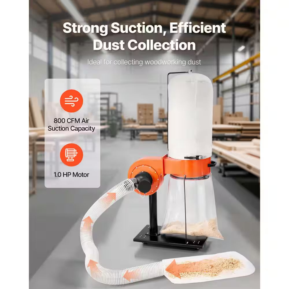 800 CFM Dust Collector, 2.5 Micron Vortex Cone Dust Collectors, 1 HP Sawdust Collection System, 3400 RPM High Speed