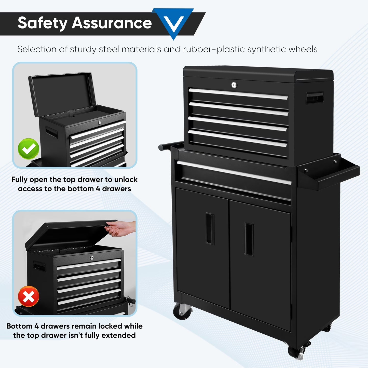 26-Inch Tool Chest & Storage Cabinet, 5 Drawers Rolling Tool Chest with Detachable Top Tool Box for Garage Warehouse Workshop, Rolling Garage Organizer with Handle and 6 Hooks