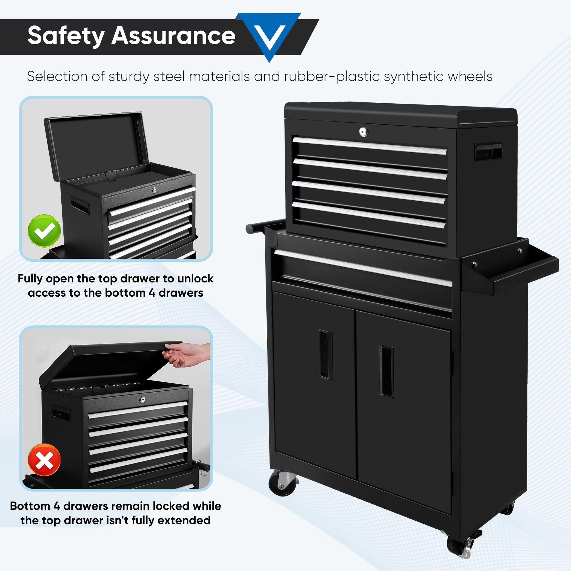 26-Inch Tool Chest & Storage Cabinet, 5 Drawers Rolling Tool Chest with Detachable Top Tool Box for Garage Warehouse Workshop, Rolling Garage Organizer with Handle and 6 Hooks