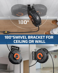 20Amp Retractable Extension Cord Reel, 30FT 2500W Heavy Duty Power Cord Reel, 10AWG/3C SJTW Industrial Cable, 4 Grounded Outlets, 180° Swivel Bracket for Garage Workshop Construction Site