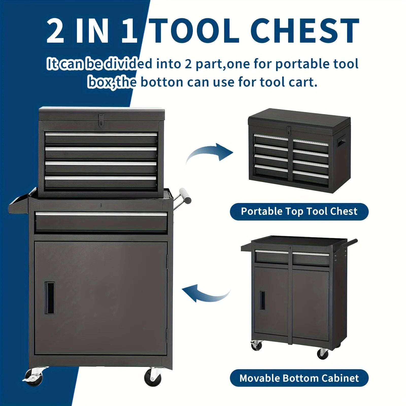 Viwat 5-Drawer Tool Chest, Rolling Tool Storage Cabinet W/ Detachable Top Tool Box, Metal Tool Cart for Garage Black