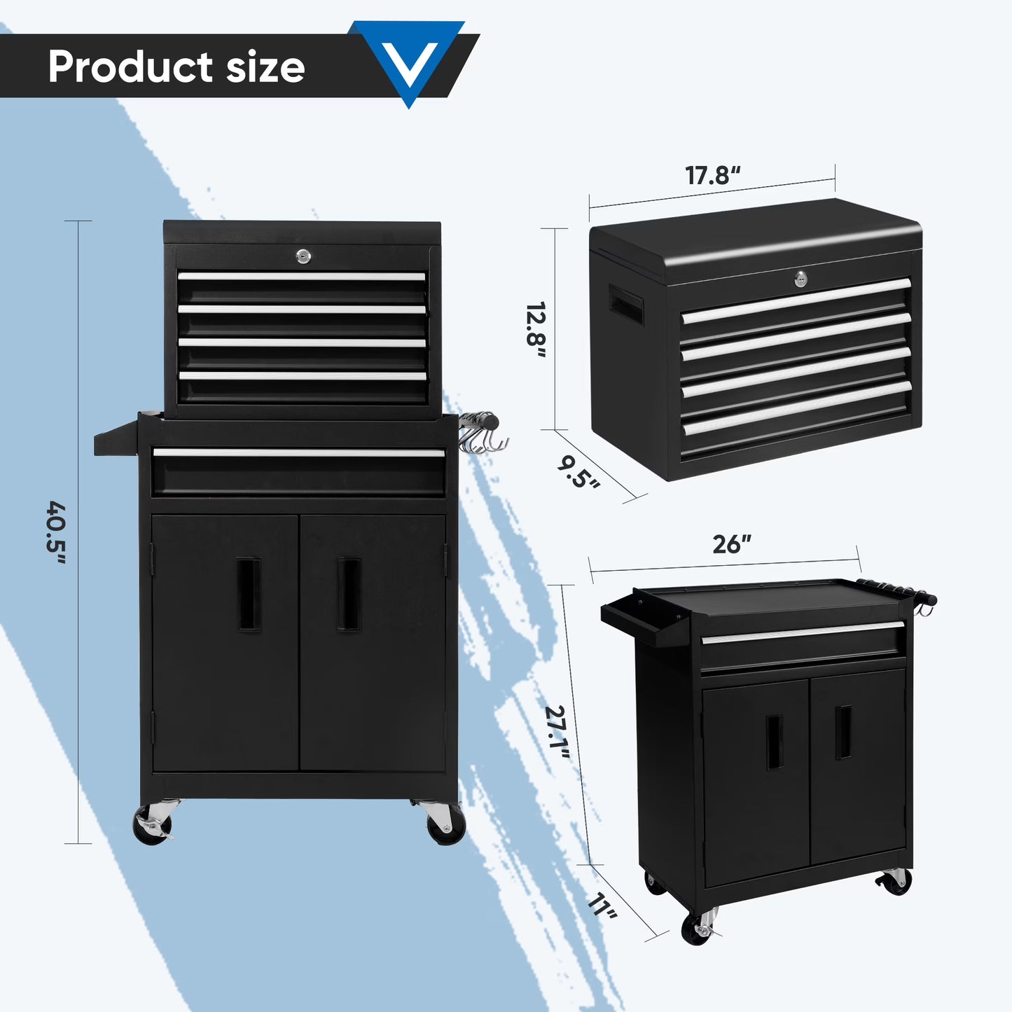 26-Inch Tool Chest & Storage Cabinet, 5 Drawers Rolling Tool Chest with Detachable Top Tool Box for Garage Warehouse Workshop, Rolling Garage Organizer with Handle and 6 Hooks